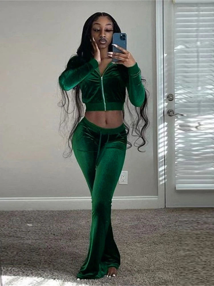 BXOXO Solid Velour Two Piece Set Women Simple Casual Zipper Long Sleeve Turtleneck Top+Bandage Lace Slim Female Wide Leg Pants