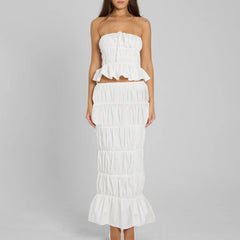 BXOXO Women Y2K Two Piece Maxi Skirt Set Strapless Crop Tube Top Ruffle Mesh Skirts Outfit Lace Trim Holiday Beach Outfit