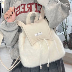 BXOXO Sweet Cute Soft Plush Shoulder Bag White Harajuku Style Drawstring Backpack New Large Capacity Elegant Literary Handbag