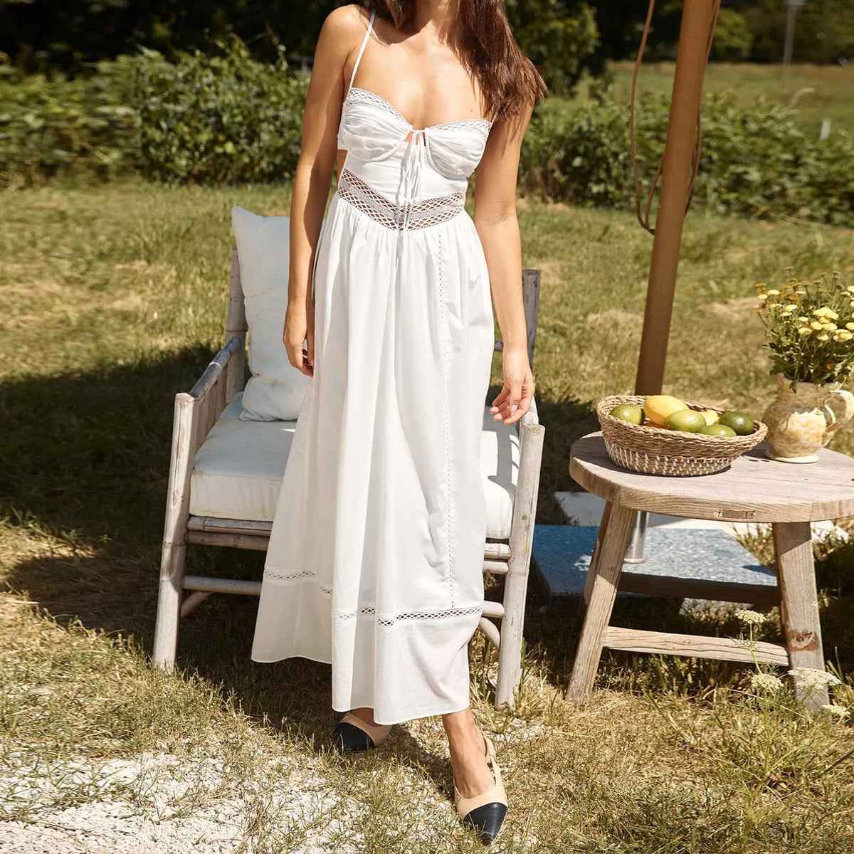 BXOXO Women Hollowed Long Cami Dress with Bow Tie-up Sweetheart Neck Cut Out Back Spaghetti Strap Dress for Daily Party