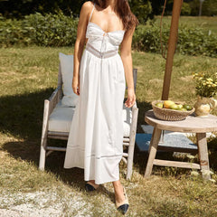 BXOXO Women Hollowed Long Cami Dress with Bow Tie-up Sweetheart Neck Cut Out Back Spaghetti Strap Dress for Daily Party