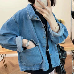 Korean Loose Long Sleeve Single Breasted Women Denim Jacket 3D Pockets Design Female Jeans Coats Autumn New