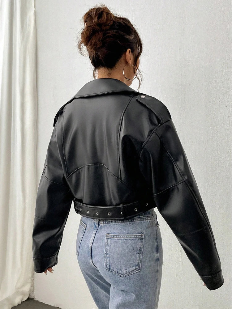 Bxoxo Spring Autumn Casual Women Lapel Zipper Faux PU Leather Jacket Female High Street Motorcycle Leather Jacket