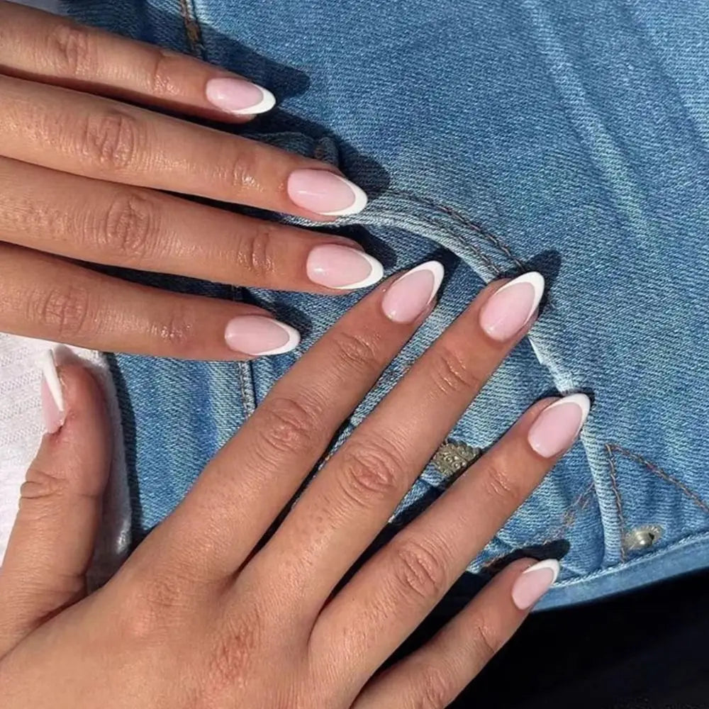 Bxoxo 24P French Oval False Nails Girls White Edge Design Nude Color Wearable Press on Nail Full Cover Short Acrylic Almond Fake Nails
