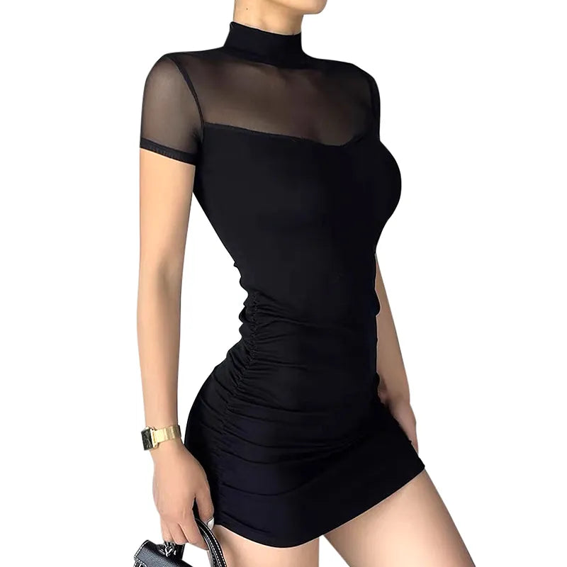 BXOXO Mock Neck Y2k Bodycon Mini Dresses Gothic Women Mesh Patchwork Sheer Party Dress