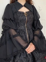 BXOXO Gothic Lolita Cardigan Blouse Women Loose Puff Sleeve Lace Patchwork Black Cropped Shirts Japanese Harajuku All Match Capes Top