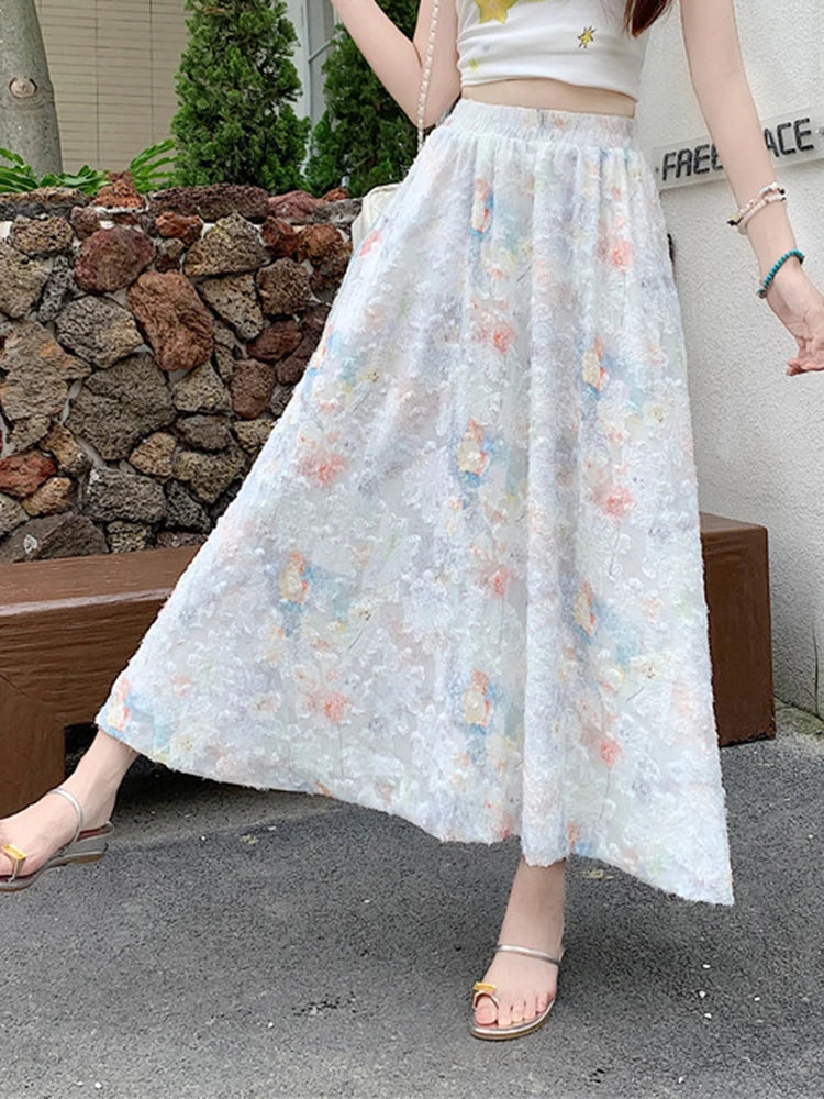 BXOXO Women Floral Sweet Long Skirt Casual High Waist Elegant Loose Korean Skirts High Quality Lady Fashion Ball Gown Long Skirts
