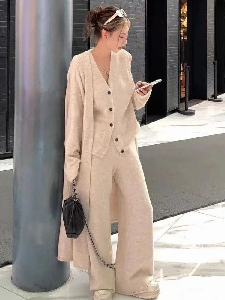 BXOXO Winter French Knitted Suits 3 Piece Set Women Casual Long Cardigan + Vintage Vest + Office Lady Long Pants Korean Fashion