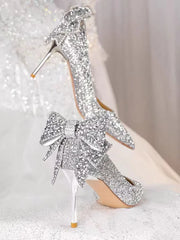 Bxoxo Shoes for Woman Stilito Silver Women's Summer Footwear Wedding Bride Shoe Rhinestone Pointed Toe Super High Heel Diamond 39