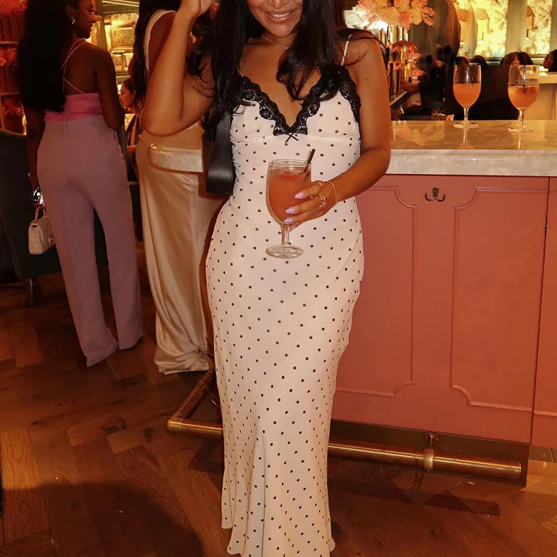 Bxoxo Sexy V-neck Polka Dot Suspender Dress For Women Slim French Retro LAce Splice Long Dress Female Sexy Summer Party Dress
