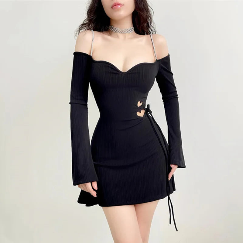 BXOXO Black Autumn Sexy Women's Dress Lace-up Long Sleeves Backless Off Shoulder Casual Dress Party Elegant Hollow Out A-LINE Dresses