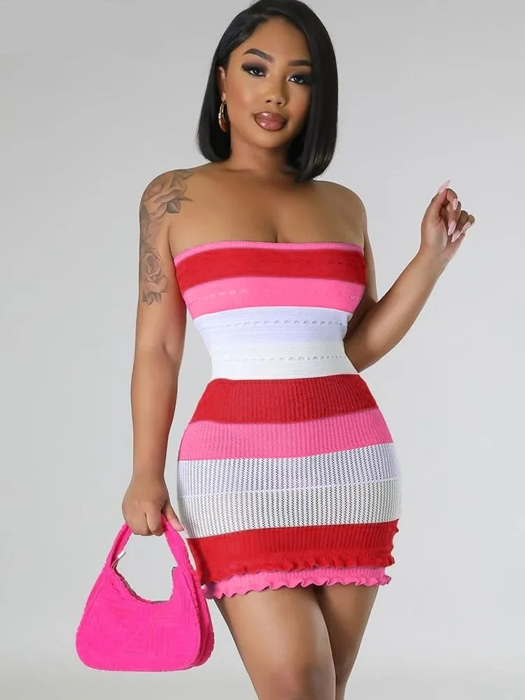 BXOXO  Knit Women Tube Dress Elegant Summer Patchwork Striped Ruffles Hem Skinny Stretch Bodycon Street Vacation Clubwear