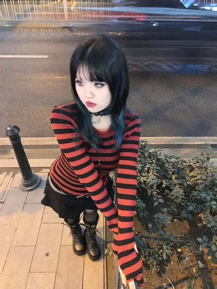 BXOXO Red Striped Pullovers Gothic Y2k Clothes Emo Girls Long Sleeve Asymmetrical Harajuku Slim Kawaii Retro Pull Femme Sweaters Chic