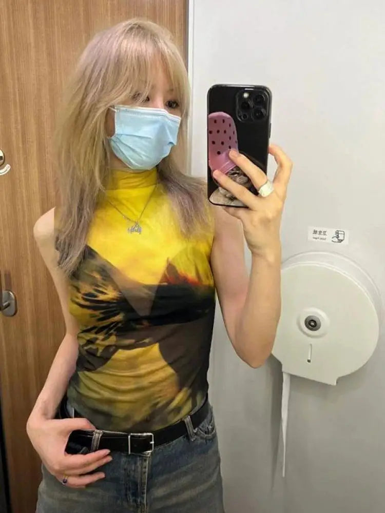 BXOXO Vintage Tank Tops Women Sleeveless Mesh Tops Y2k Retro Crop Tops Streetwear Tank Female 2000s Japanese Tee Tops Summer