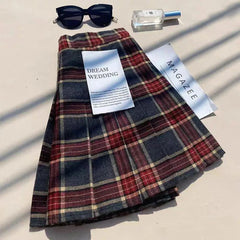 Bxoxo Plaid Woolen Pleated Skirts for Women Fall Winter High Waist Preppy Warm Mini Skirts Lady Fashion Korean All-Match A Line Skirts