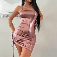 BXOXO Camisole dress, women's European and American style short skirt, sexy glossy pleated camisole tight fitting dress