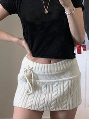 BXOXO Y2k Knitted Short Skirt Preppy Style Cute Young Girl Streetwear Aesthetic Fairycore Drawstring Women Skirts Fall Winter Clothing