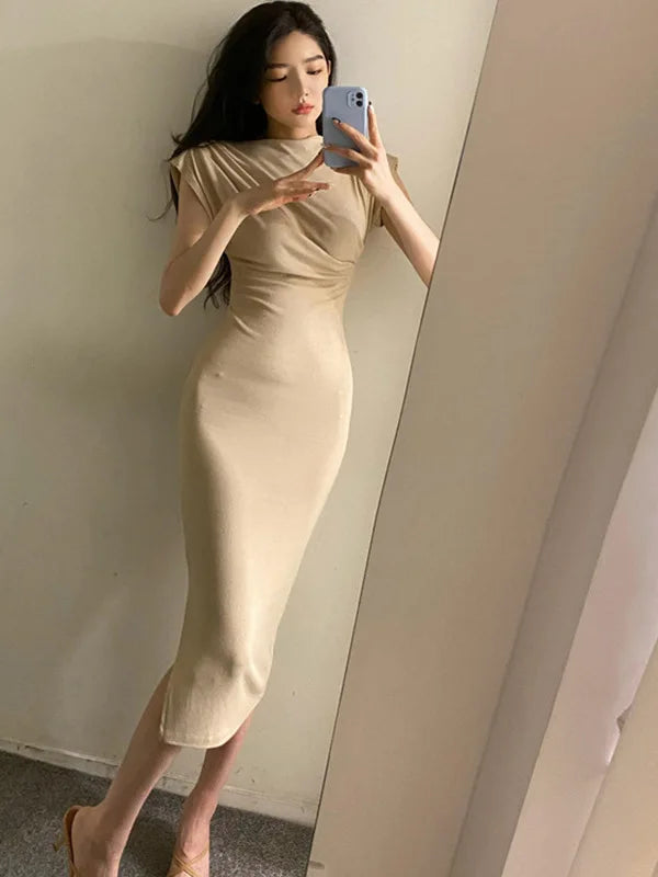 BXOXO Summer New Short Sleeve Women Folds Casual Charm Slim Fit High Waist Split Long Christmas Dress Sexy Wrap Hip Gentle Solid