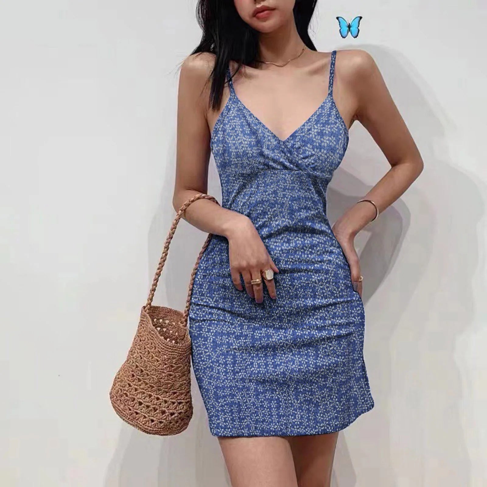 Women's Summer Fashion Retro Floral Printed Halter Dress Sexy V Neck Slim Short Dress Casual Sleeveless Beach Mini Dresses