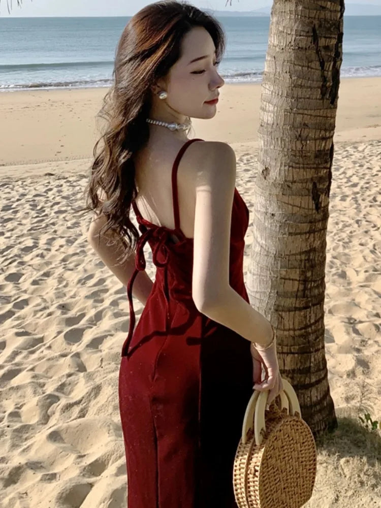 Bxoxo Women's Sexy Vintage Club Prom Burgundy V-neck Spaghetti Strap Long Dresses Summer Beach Lace up Midi Dress Elegant Party Robe