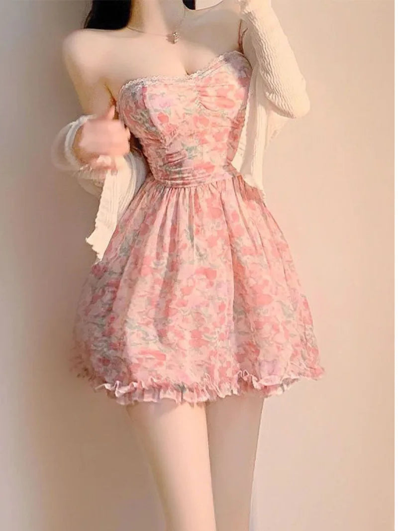 Sweet New Pink Sexy Dress Sweet Fresh Style Fragmented Flowers Print Waist Wrapped Slim Student Summer Short Lovely