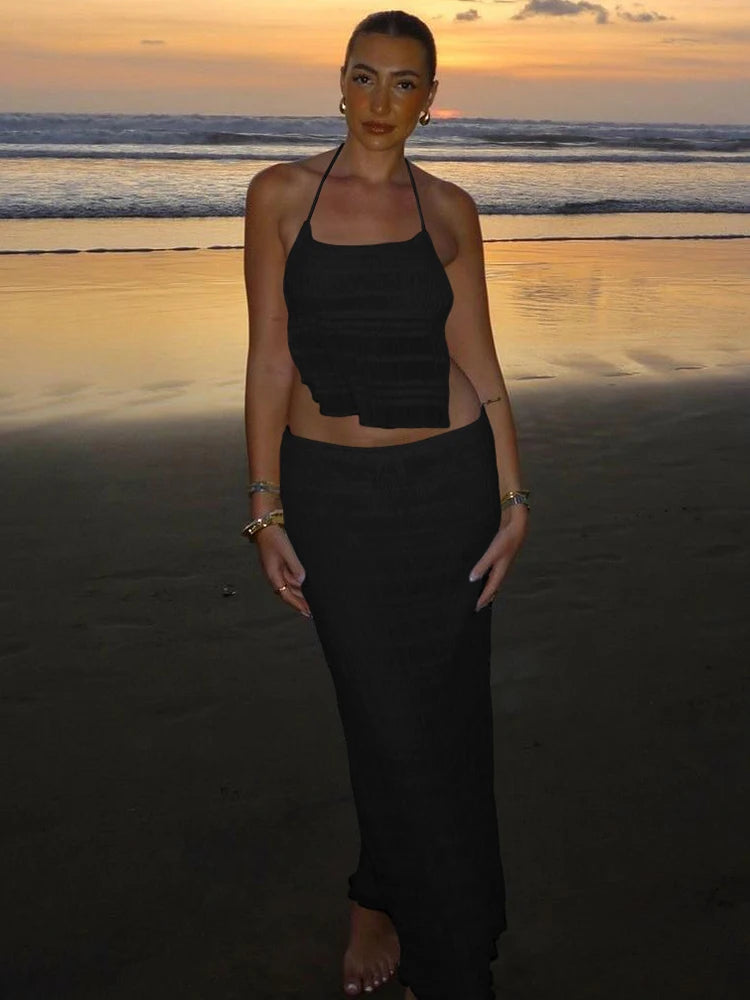 BXOXO Vacation Mesh See Through 2 Piece Set Women Halter Lace-Up Backless Crop Tops+Loose Elegant Long Skirts Trend Outfits