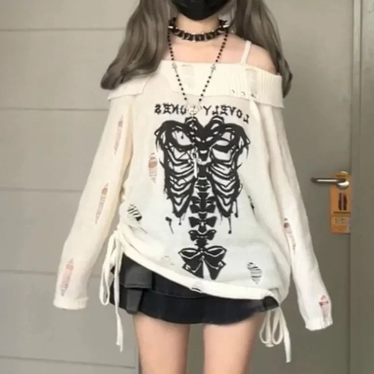 BXOXO Off Shoulder Hole Sweaters Women 2025 Autumn New Sphenoid Print Tops Y2k E-Girl Long Sleeve Hollow Out Pullovers
