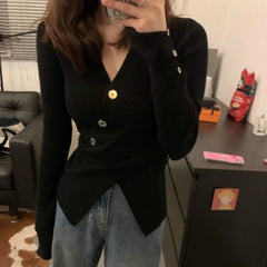 BXOXO Women Autumn Winter New Irregular V-neck Sweater Trendy Sweet Waist Slim Fit Pullover Knit Shirt Solid Button Long Sleeved Tops