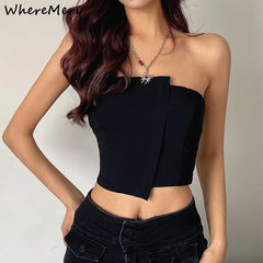Bxoxo Y2K Sexy Irregular Strapless Tank Top Women Backless Sleeveless Zipper Tube Tops Gothic Summer Off Shoulder Lady Vest