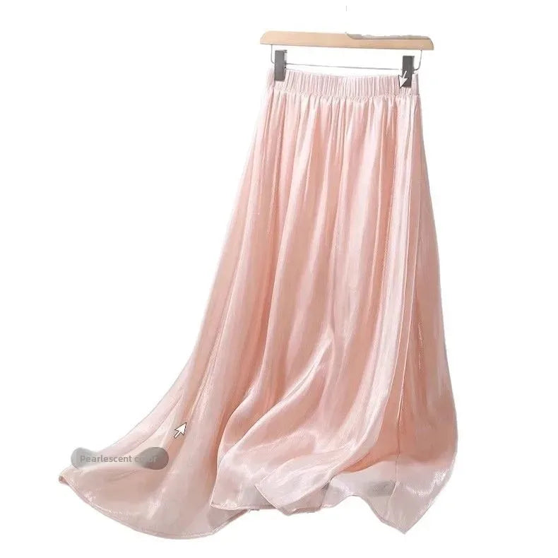 Bxoxo Pink Glimmering Long Half Skirt Women's Summer Flowing Silk Satin Drapey A- Line Midi Skirt Polyester Fiber Plain Color