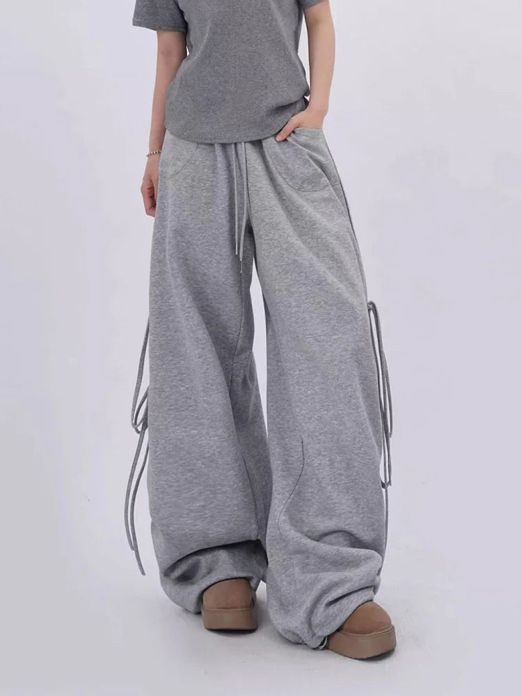 Bxoxo Streetwear Gray Sweatpants Women Low Waist Loose Harajuku Pockets Pants American Casual Hip Hop Lace Up Oversize Bf Trousers New