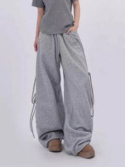 Bxoxo Streetwear Gray Sweatpants Women Low Waist Loose Harajuku Pockets Pants American Casual Hip Hop Lace Up Oversize Bf Trousers New