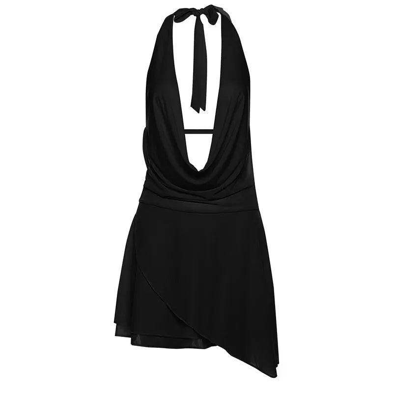 BXOXO Summer Mini Dresses Fashion Women Solid Sleeveless Sexy Backless Low Chest V-Neck Halter Dresses Casual Streetwear Female Dress