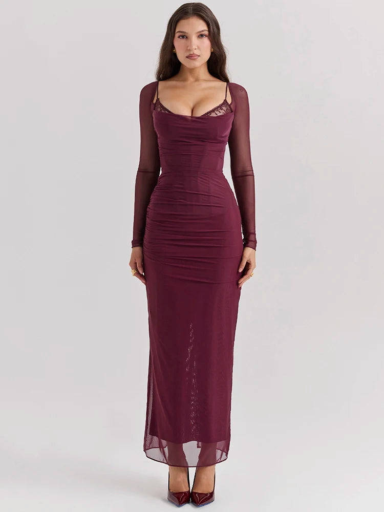 BXOXO  Elegant Sheer Long Sleeve Sexy Maxi Dress For Women Fashion Mesh Strapless Backless Club Party Sexy Long Dress