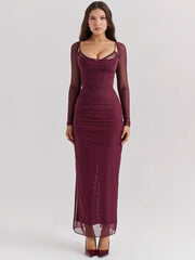 BXOXO  Elegant Sheer Long Sleeve Sexy Maxi Dress For Women Fashion Mesh Strapless Backless Club Party Sexy Long Dress