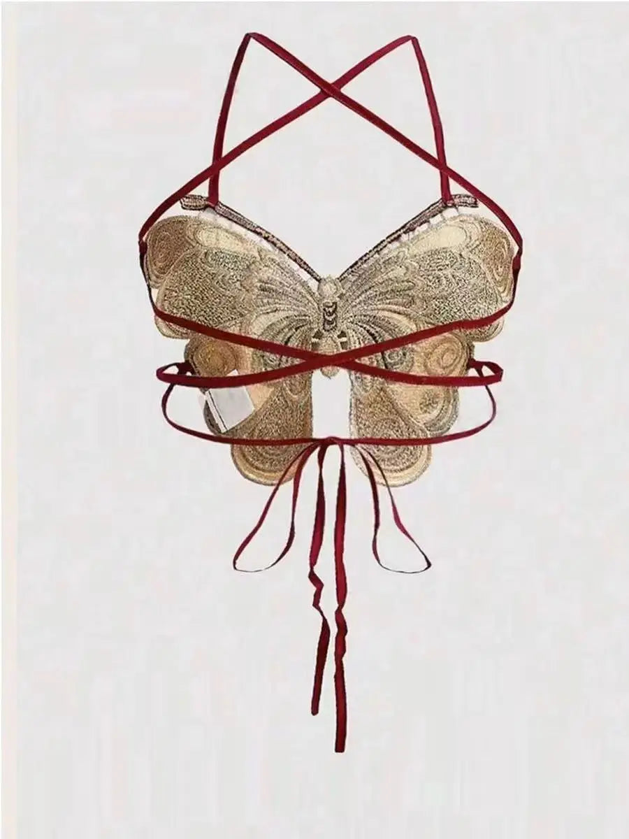 BXOXO Women's Butterfly Embroidered Top Backless Adjustable Navel Baring Sexy Cropped TopSleeveless Camisole Sexy Daily Y2K Top