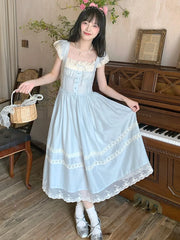 BXOXO Elegant Blue Long Dress Women Sweet Lace Patchwork Vintage Dress High Quality Casual Flying Sleeve Bow Lady Retro Vestidos