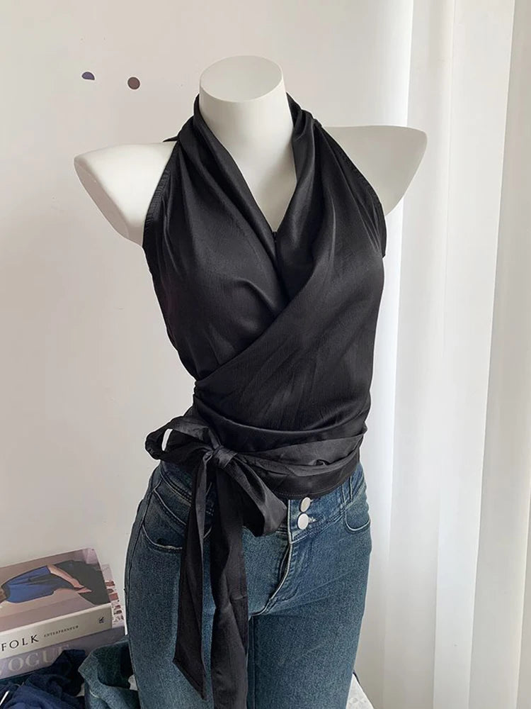 Bxoxo Sexy Bandage Slim Tanks Women Fashion Casual V Neck Design Halter Tanks Korean Retro Streetwear Female Summer Elegant Tops