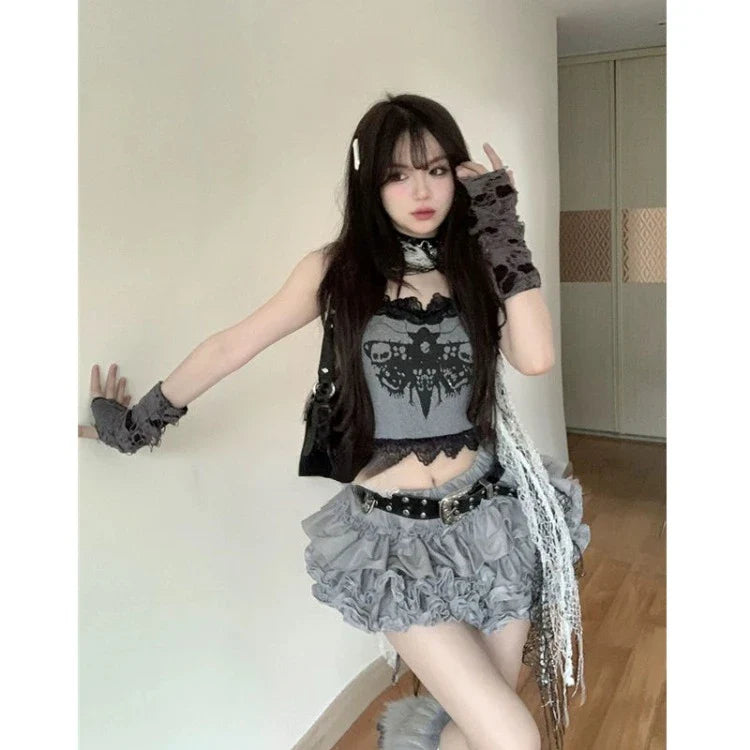 BXOXO Fashion Sweet Lace Slim Fit Camisole Tops Women+ Y2k Kpop High Waist Ruched Cake Skirts 2025 Summer New Two Piece Sets