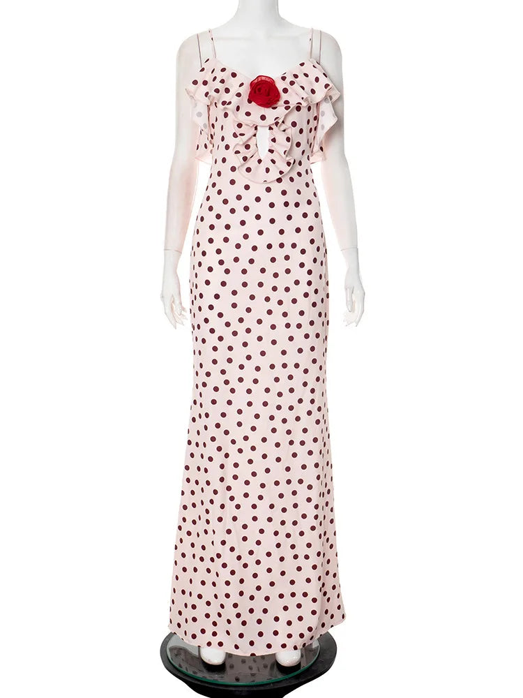 BXOXO Rose Polka Dot Maxi Dress For Women Gown Spaghetti Strap Off-shoulder Sleeveless Backless Elegant Evening Club Dress