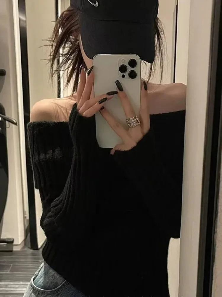 Bxoxo Autumn Winter Solid Color Rib Knitted Off the Shoulder Pullover Sweater Sexy Women Full Sleeve Slim Stretch Knitwear Jumper