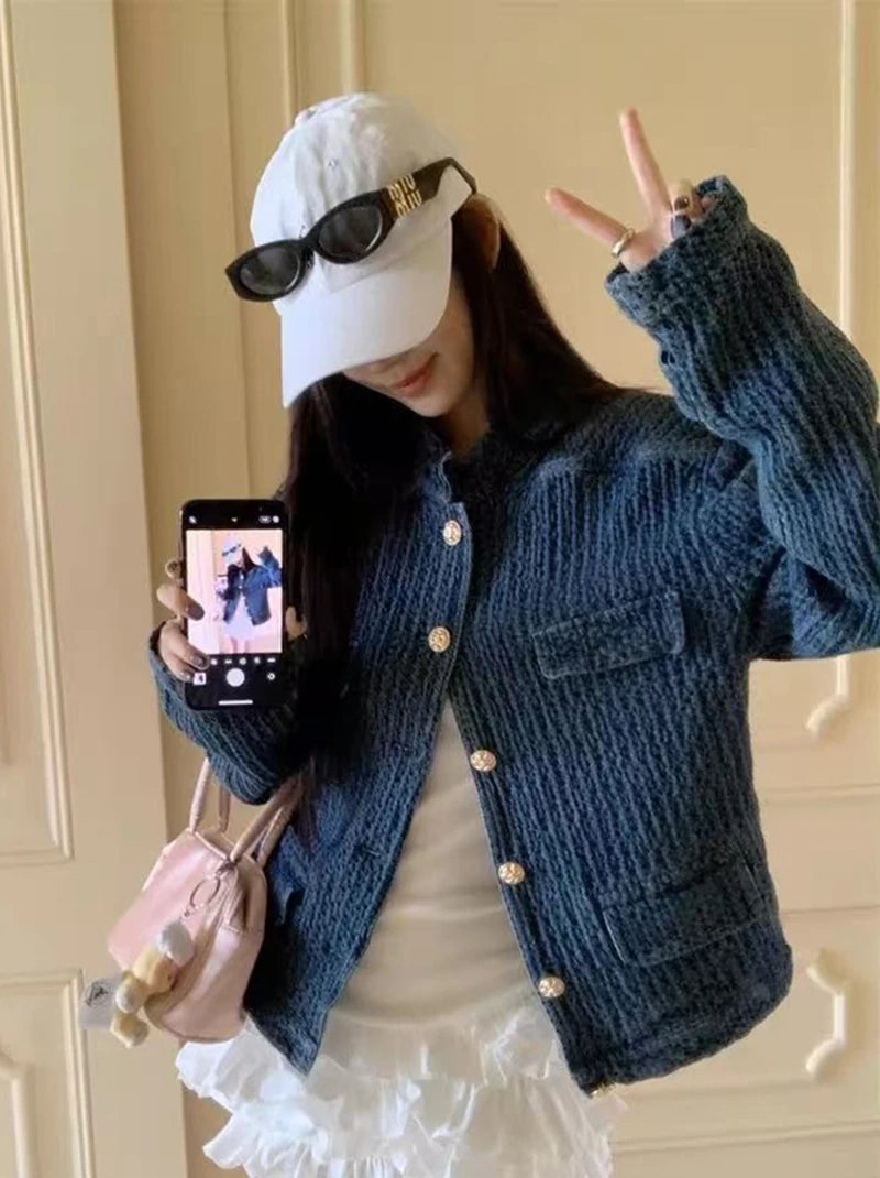 Bxoxo Vintage Stand Collar Denim Jacket Women Autumn Loose Streetwear Single Breasted Coats Y2K Korean Chic Long Sleeve Casual Outwear