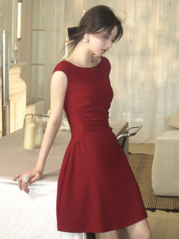 Bxoxo Women's French Vintage Slim Dresses Summer Elegant Slash-Neck A-Line Folds Design Shoulder Wrap New Dresses Party Evening 2025