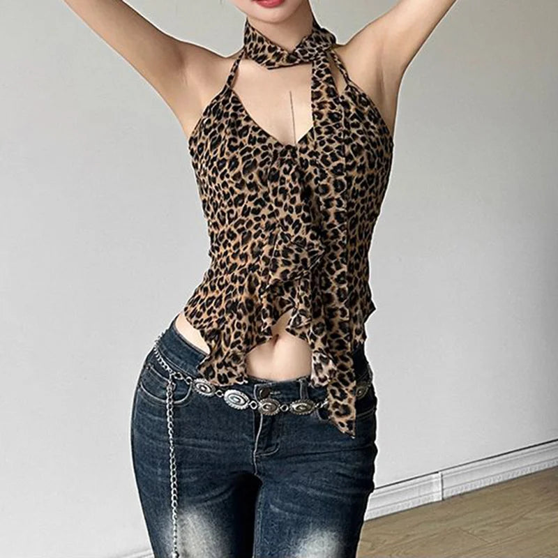 Bxoxo Fashion Lace Up Halter Tank Top for Women Irregular Ruffled Slim Spicy Girl Short Top Summer Camisole Vest Y2k Clothing