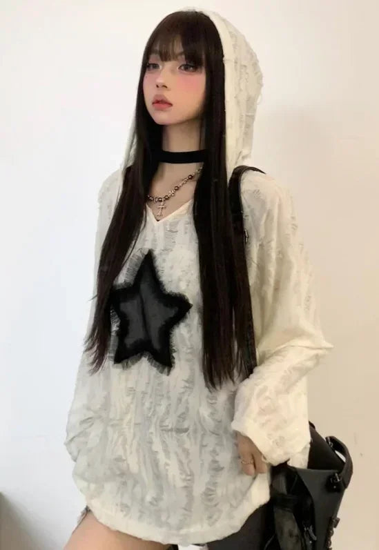BXOXO Grunge Hole T-shirt Women Fashion Star Print Y2k Aesthetic Loose Tees Kpop Fairycore Ripped Tshirt Harajuku Gothic Streetwear