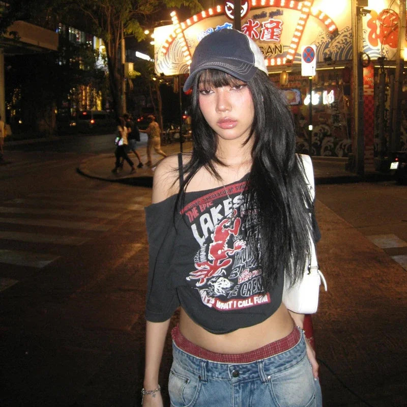 BXOXO Gothic Tee Y2k Letter Print Off Shoulder Punk T-shirts Women Harajuku Summer Streetwear Grunge T Shirt Aesthetic Sexy Crop Tops