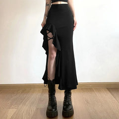 Bxoxo Gothic Black High Waist Bodycon Mid Skirt E-Girl Punk Ruffles Split A-Line Skirts Y2K Fashion Women Streetwear Bottoms