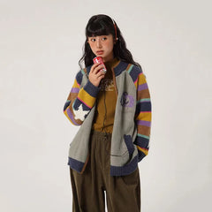 Bxoxo Vintage Rainbow Striped Sweater for Women Winter New Soft Long Sleeve Knitted Cardigan Female Harajuku Loose O Neck Zipper Coat