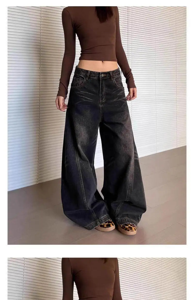 Bxoxo Vintage Washed Black Women's Jeans Wide Leg American Style High Waist Baggy Denim Pants Casual Straight Trousers New