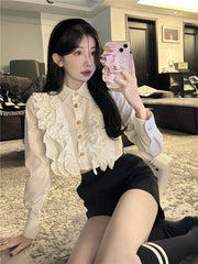 Bxoxo French Ruffle White Shirt Women Japanese Sweet Lolita Long Sleeve Female Blouse Y2K Kawaii Preppy All Match Chic Crop Tops New